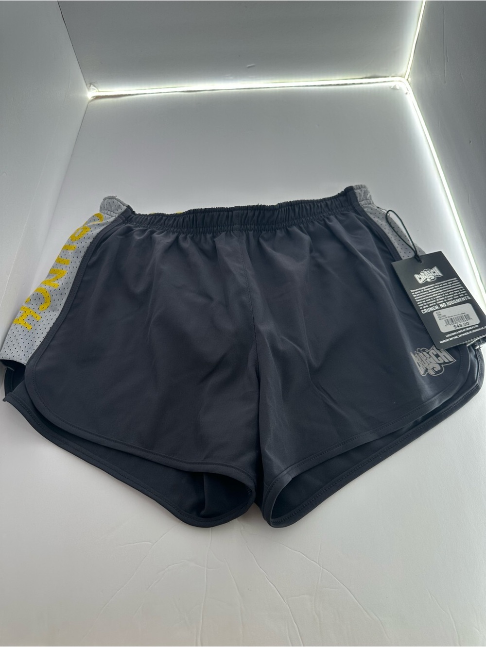 Women’s Black Athletic Shorts with Grey Side Panel and Yellow Accent